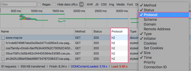 Chrome Dev tool 中 network 打開 Protocol 選項