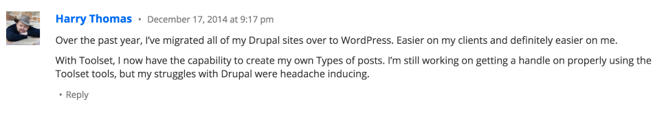 [WordPress] 給 Drupal 開發者的跳槽指南
這標題，我私心覺得真的很好笑，哈哈哈ＸＤ
剛好在解決一個「從 Drupal 匯入資料到 WordPress」的需求，然後發現這篇文章[A Guide for Drupal Developers Migrating to WordPress](https://wp-types.com/documentation/technical-guides/guide-drupal-developers-switching-wordpress/)，出自於一家 WordPress 外掛公司，該公司外掛品質不錯，尤其是客戶群很明顯針對開發者。

> 真要排名角色需求難度的話，絕對是開發者最難搞！各種開發彈性保留blah blah..

那篇文章中也詳列了主要在操作上會使用到的 Drupal 模組與其對應的 WordPress 外掛，雖說只有列出基本款，但也差不多了，剩下的就是各憑社群本事拉！

下方留言見證也是真情流露啊 Ａ＿Ａ

#WordPress #Drupal #匯入資料 #切換 #開發者 #轉換 #外掛 #模組 #跳槽 #Developer #技術相關