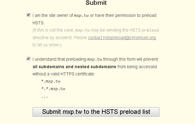 [HTTPS] 安全加密連線的加速做法：HSTS preload
剛用 SSLLab 的[SSLTest](https://www.ssllabs.com/ssltest/)工具測了才發現他有提示可以加入 HSTS Preload List ，讓瀏覽器於訪問網站時避免先經過 HTTP 的交握才跑到 HTTPS。

詳細說明可以參考這篇文章：[解决缺陷，让HSTS变得完美](https://blog.wilddog.com/?page_id=1493)
寫得滿清楚的！
各大主流瀏覽器會照這名單於瀏覽該網站時將網站交握的協定直接使用 HTTPS ，藉此提升速度又增加安全性。
看討論說用 [cloudflare](https://www.cloudflare.com/) 這家 CDN 是可以點一個按鈕就開啟，沒想自己土砲實作的就去吧XD

土砲實作：讓伺服器在 `main domain` 下吐出下面 HTTP Header 就可以。（其實也沒多難）

```
Strict-Transport-Security: max-age=63072000; includeSubDomains; preload
```

不論是使用 CDN 還是按照文件說明設定好後都要來[HSTSPreload.org](https://hstspreload.org/)這裡申請加入列表，就等通過後來體驗體驗瀏覽器給你預設的連線速度囉～

國外的測試文章：[Testing the HSTS preload process](https://scotthelme.co.uk/hsts-preload-test/)
看他文後還有檢查追蹤加入的時間，Safari 跟 Edge 似乎比較慢（？）

#技術相關 #HTTPS #SSL #HSTS #安全性 #加速