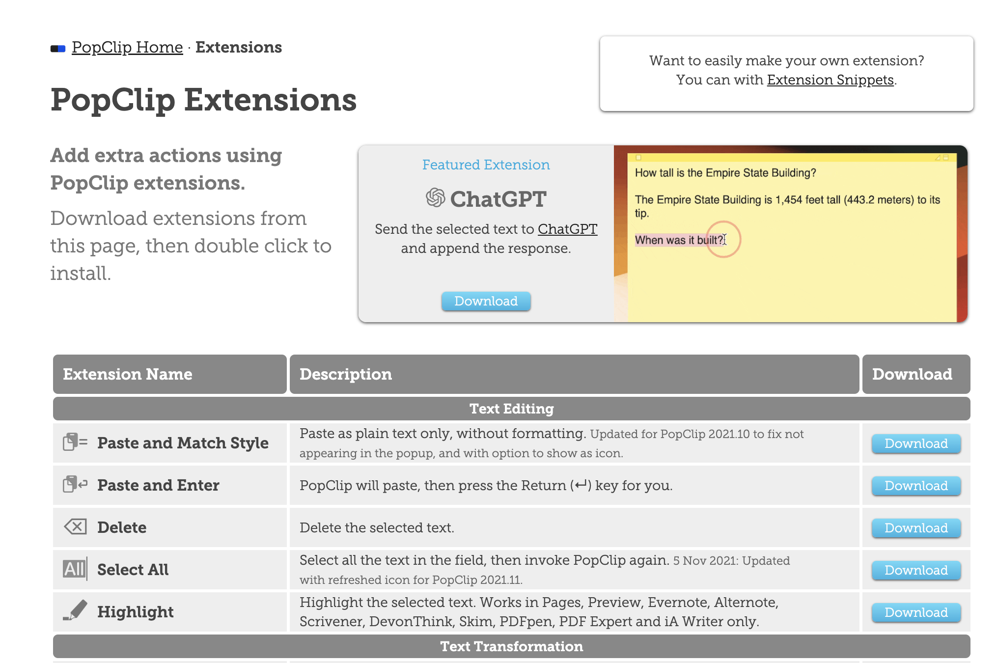 PopClip Extensions