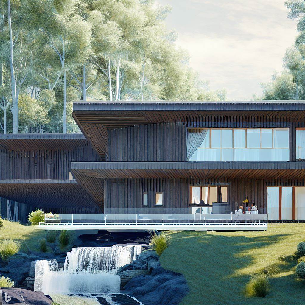 a beautiful modern and very contemporary house made of dark wood, in the middle of a swedish green forest, with a waterfall and a river close by. Photographic style. High details. very realistic. 8k, full details. --ar 16:9 --uplight --s 750 --v 5