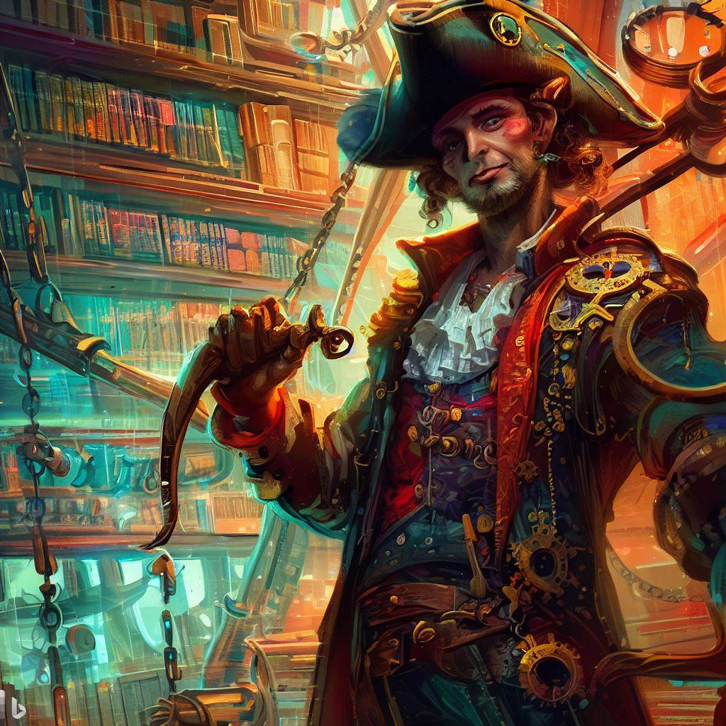 A pirate with a hook as their right hand in a digital illustration of a steampunk library with clockwork machines, 4k, detailed, trending in artstation, fantasy vivid colors