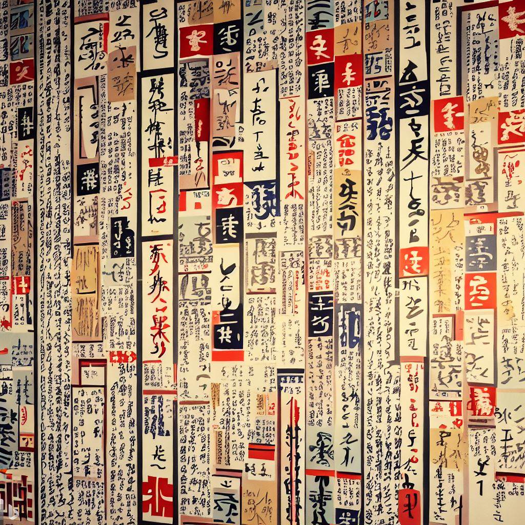 ukiyo-e style design of a wall of many words.